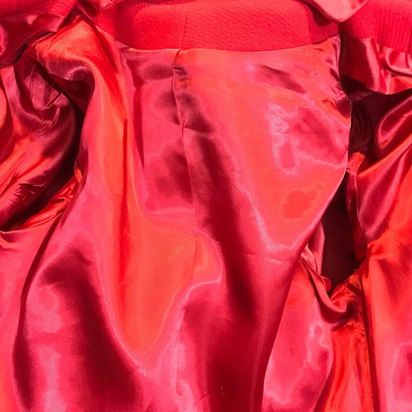 Vintage Woman's Bright Red Peacoat Jacket GUC Retro Pleated Skirt Attached Belt - Picture 8 of 10